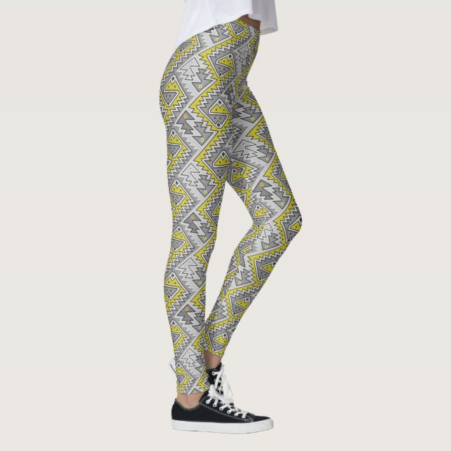 Tribal Peruvian Geometric Peru Pattern Grey Yellow Leggings (Right)