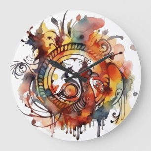 Tribal Phoenix Watercolor Mandala Large Clock