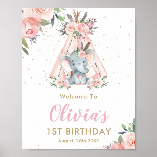 Tribal Pink Floral Elephant 1st Birthday Welcome Poster (Front)