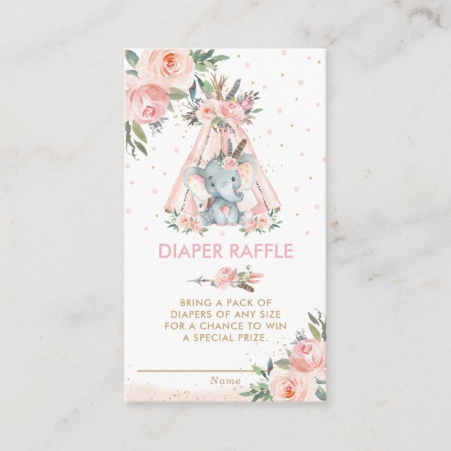 Tribal Pink Floral Elephant Baby Diaper Raffle  En Enclosure Card (Front)