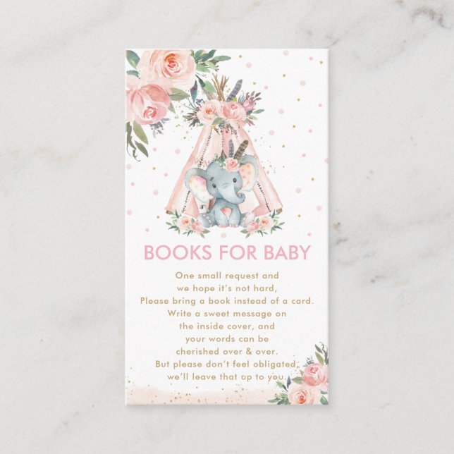 Tribal Pink Floral Elephant Shower Books for Baby  Enclosure Card (Front)