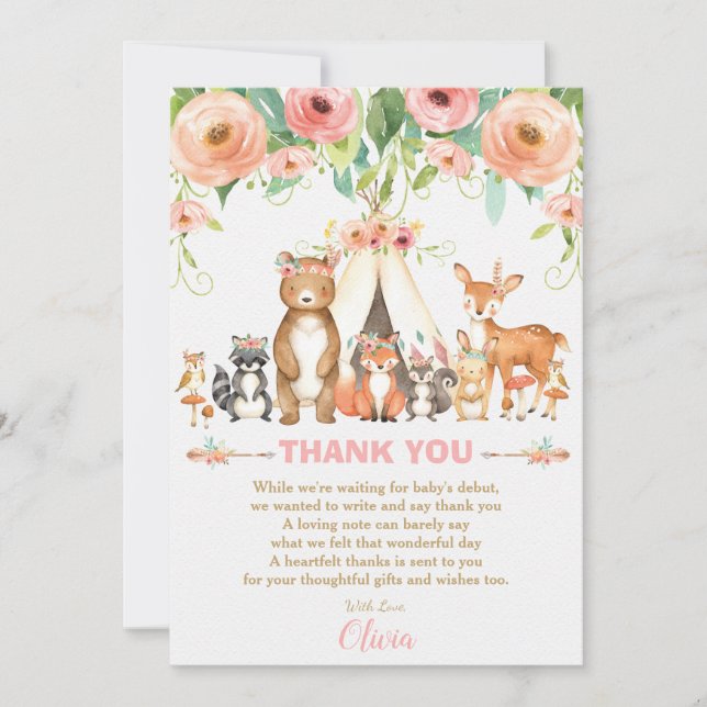 Tribal Pink Floral Woodland Animals Baby Shower Thank You Card (Front)