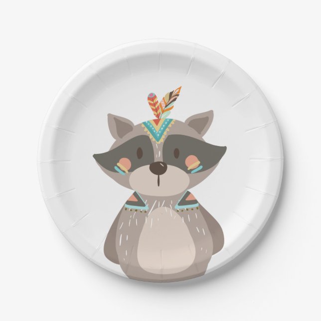 Tribal Racoon Paper Plates Wild one Woodland Boho (Front)
