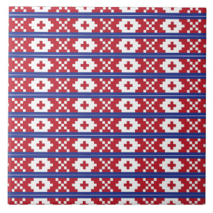 Tribal red, blue, and white folk art pattern tile