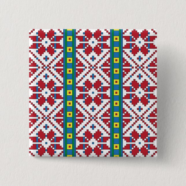 Tribal red, blue, and white star geometric pattern 15 cm square badge (Front)