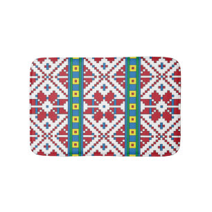 Tribal red, blue, and white star geometric pattern bath mat