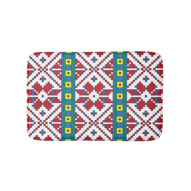 Tribal red, blue, and white star geometric pattern bath mat (Front)
