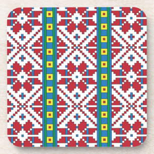 Tribal red, blue, and white star geometric pattern coaster