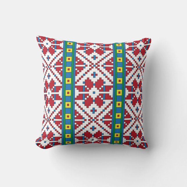 Tribal red, blue, and white star geometric pattern cushion (Front)
