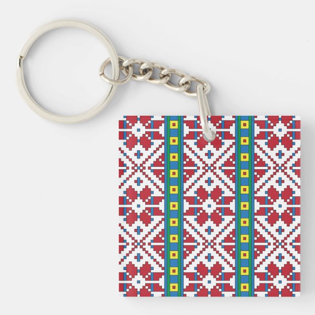 Tribal red, blue, and white star geometric pattern key ring (Front)