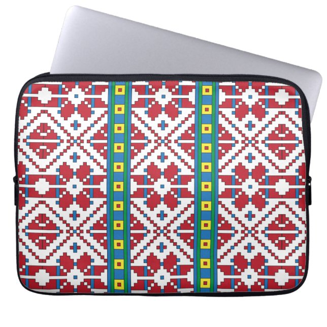Tribal red, blue, and white star geometric pattern laptop sleeve (Front)