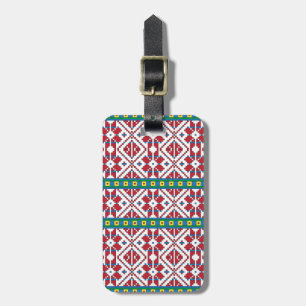 Tribal red, blue, and white star geometric pattern luggage tag