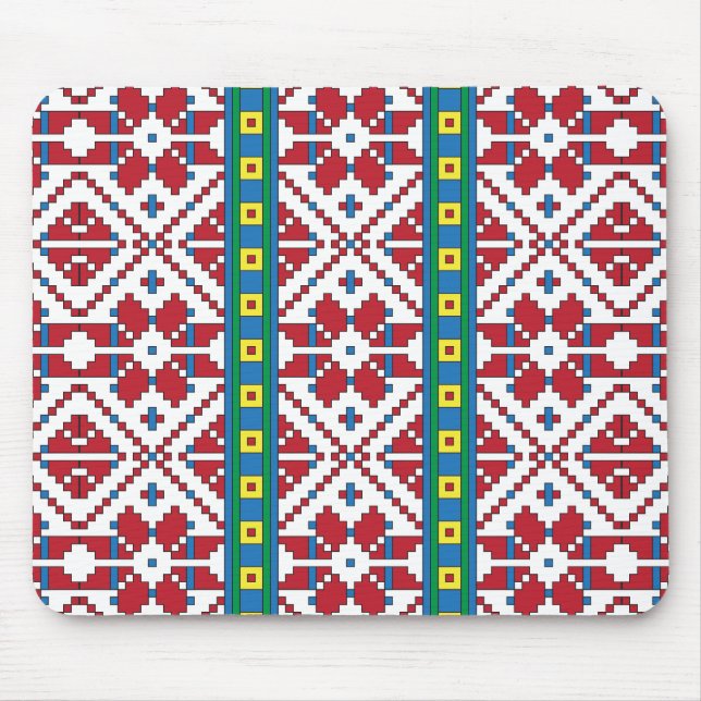 Tribal red, blue, and white star geometric pattern mouse mat (Front)