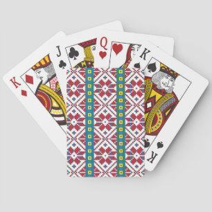 Tribal red, blue, and white star geometric pattern playing cards