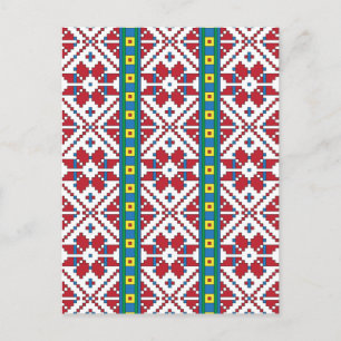 Tribal red, blue, and white star geometric pattern postcard