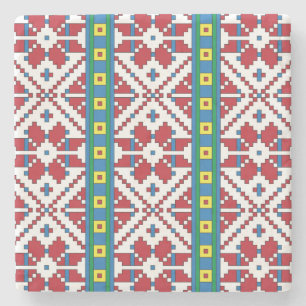 Tribal red, blue, and white star geometric pattern stone coaster