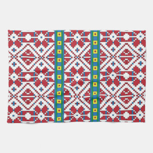 Tribal red, blue, and white star geometric pattern tea towel