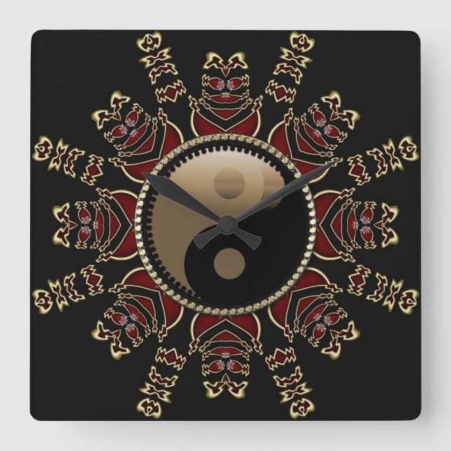 Tribal Red+Gold YinYang Geometric Sun Square Wall Clock (Front)