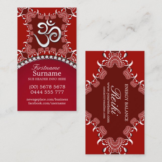 Tribal Red Silver Om Reiki Yoga Business Cards (Front/Back)