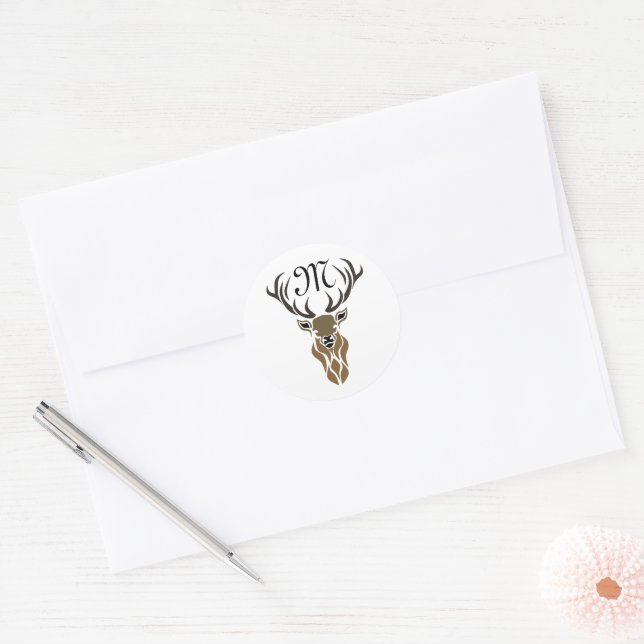 Tribal Red Stag Monogram Classic Round Sticker (Envelope)