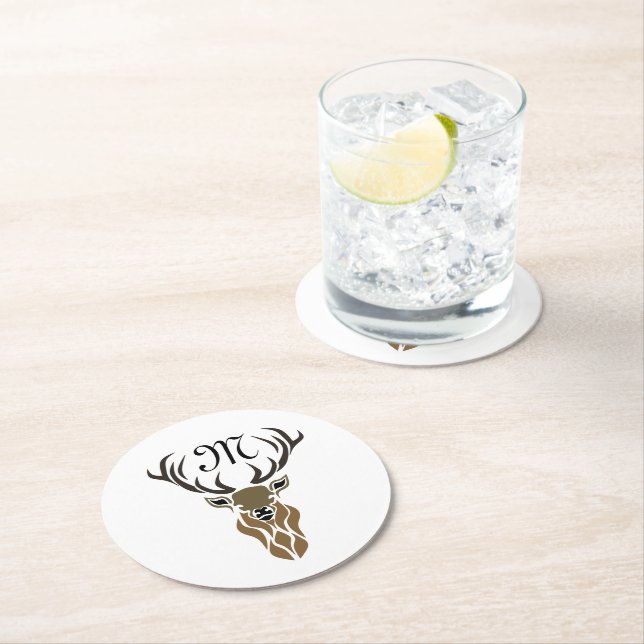 Tribal Red Stag Monogram Round Paper Coaster (Insitu)