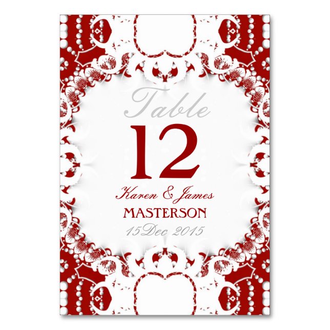Tribal Red White Lace Wedding Table Number Card (Front)