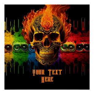 Tribal Rock N Roll Skull biker Flames personalise Poster