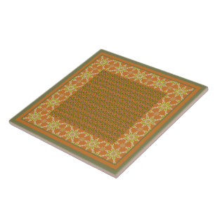 Tribal Rust Green Cream Patterns Ceramic Tile