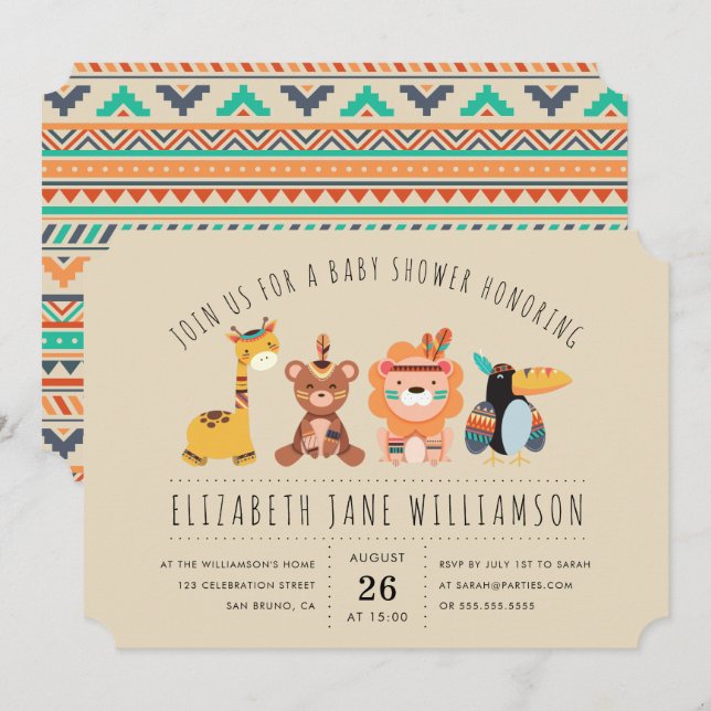 Tribal Safari Animals | Boy Baby Shower Party Invitation (Front/Back)