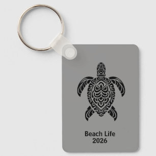 Tribal Sea Turtle, black on gray Key Ring
