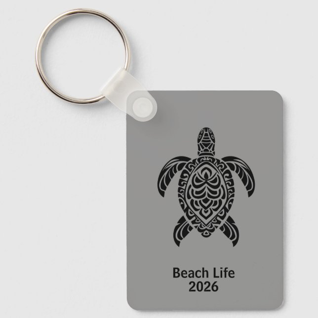 Tribal Sea Turtle, black on gray Key Ring (Front)
