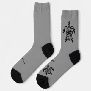 Tribal Sea Turtle, black, text on gray Socks