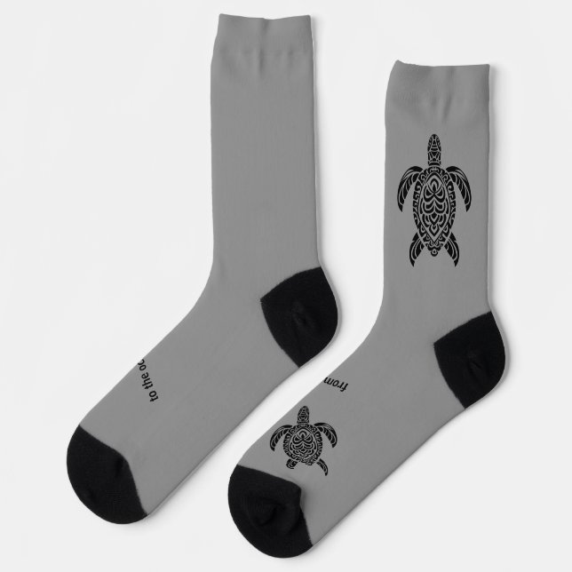 Tribal Sea Turtle, black, text on gray Socks (Left)