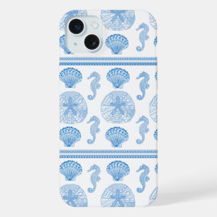 Tribal Seashells Seahorses Blue White iPhone 15 Plus Case