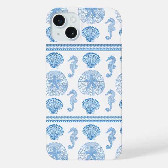 Tribal Seashells Seahorses Blue White iPhone Case (Back)