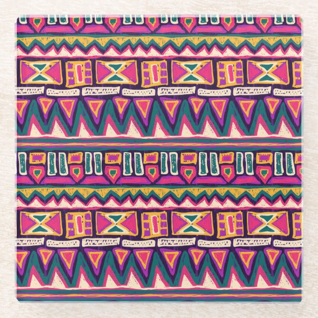 Tribal sketches: hand-drawn aztec pattern. glass coaster (Front)