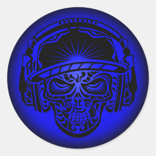 TRIBAL SKULL BLUE CLASSIC ROUND STICKER