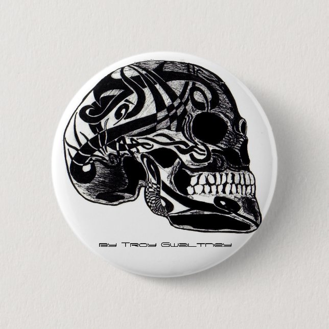 Tribal Skull w/ Tattoos button (Front)