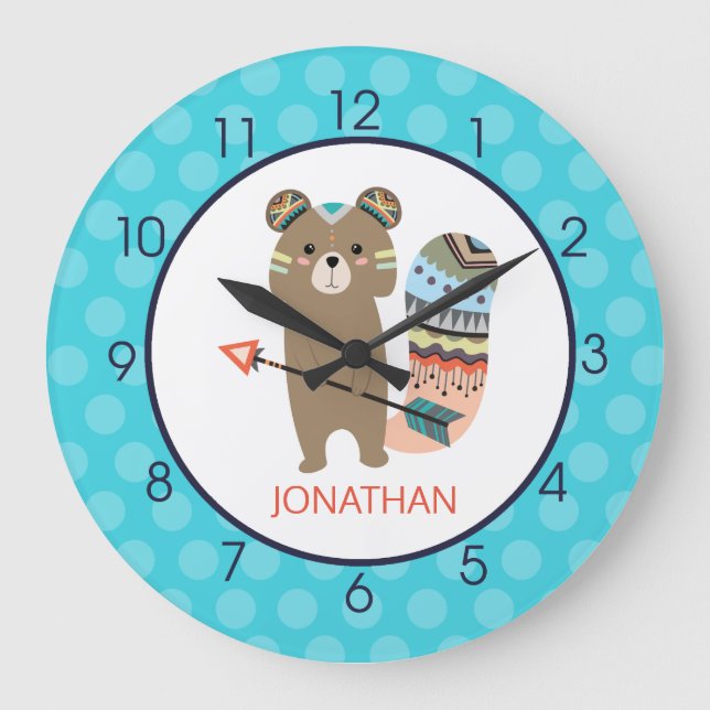 Tribal Squirrel Animals Kids Teal Brown Orange Large Clock (Front)