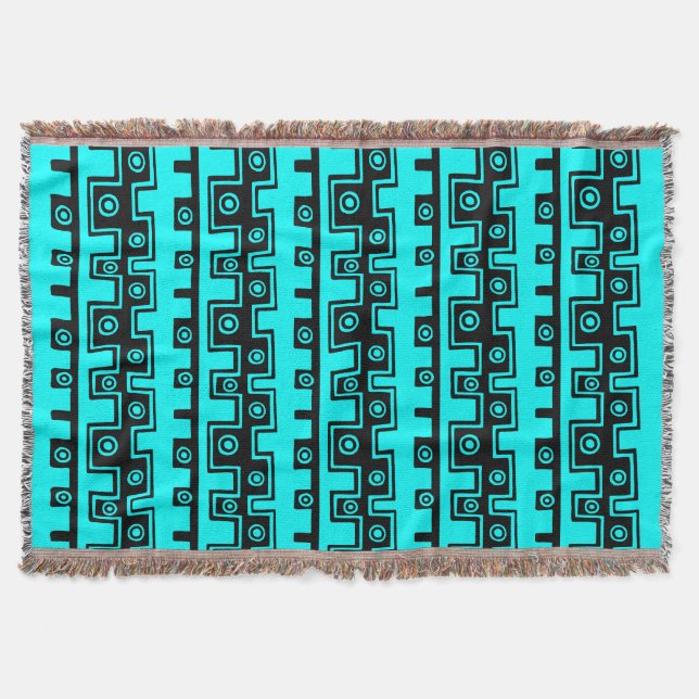 Tribal Style II - Cyan on Black Throw Blanket (Front)