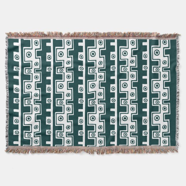 Tribal Style II - Dark Moss Green on White Throw Blanket (Front)