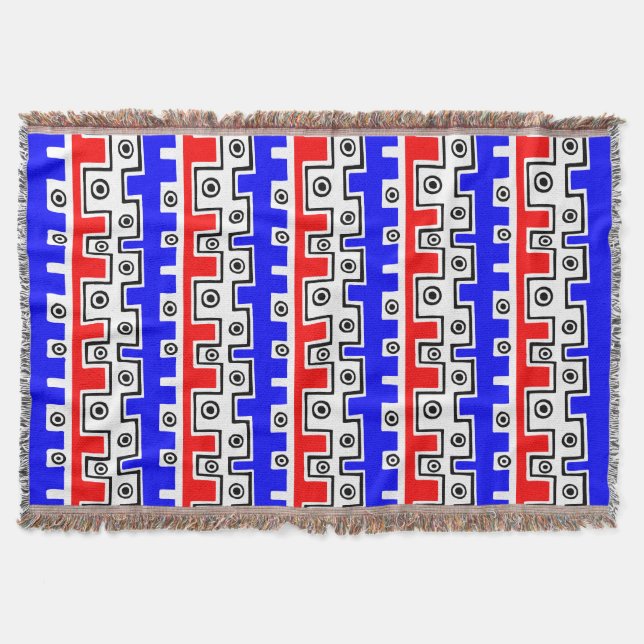 Tribal Style II - Red, Blue, Black and White Throw Blanket (Front)