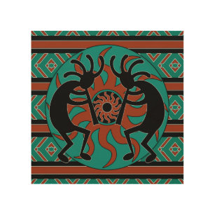 Tribal Sun Turquoise Kokopelli Rustic Southwest Wood Wall Art