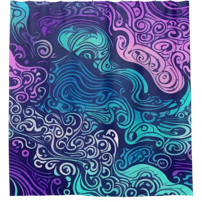  Tribal swirl turquoise purple ocean waves   Shower Curtain (Front)