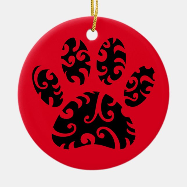 Tribal Tattoo Dog Paw Print  Ceramic Tree Decoration (Front)