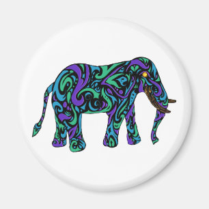Tribal Tattoo Elephant in Purple Blue and Green Magnet