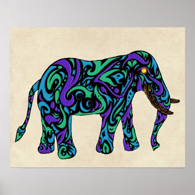Tribal Tattoo Elephant in Purple Blue and Green Poster (Front)