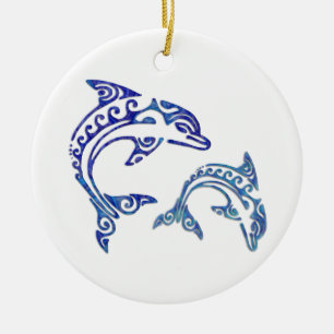 Tribal Tattoo Porpoise Duo Ceramic Tree Decoration