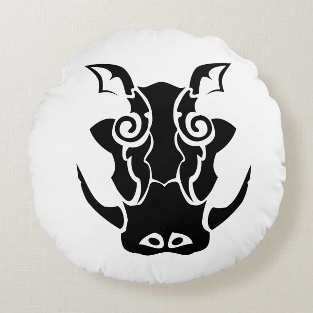Tribal Tattoo Style Boar Head Round Cushion (Front)