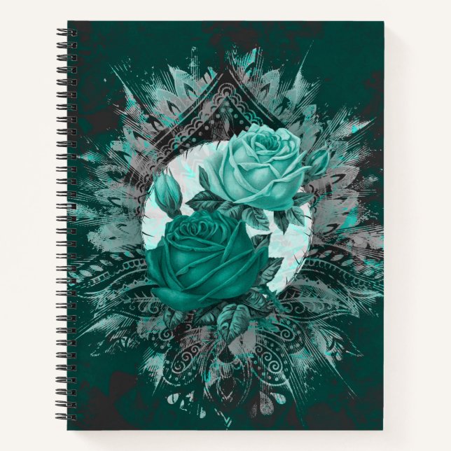 Tribal Teal Marble Roses Notebook (Front)